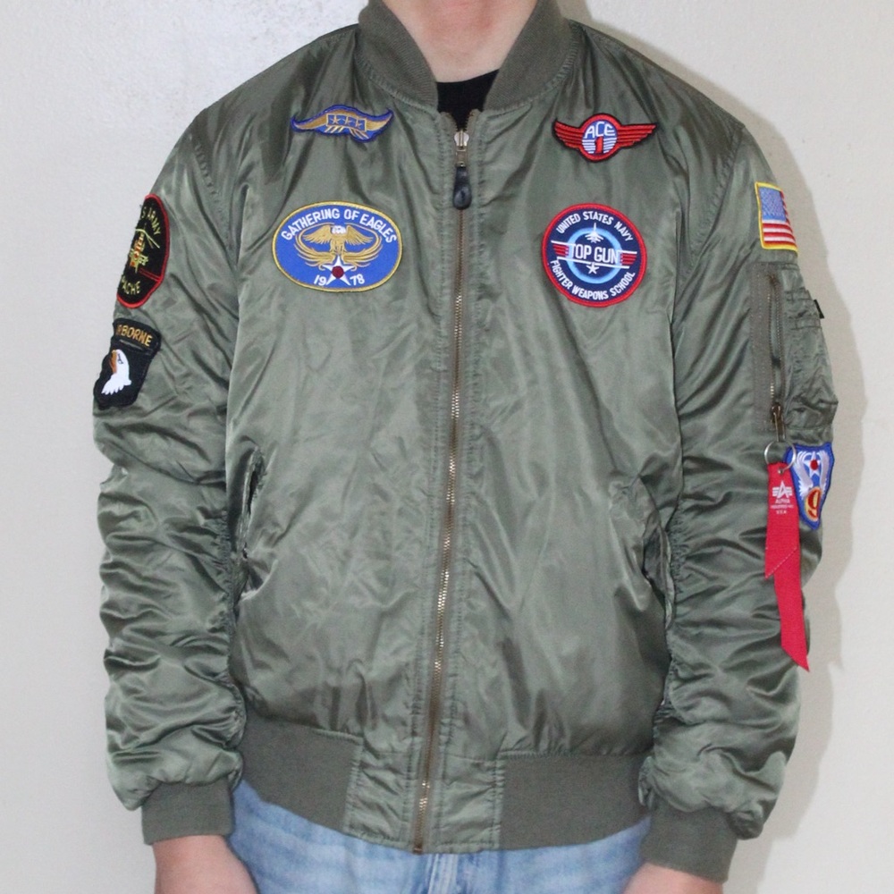 Alpha Industries Green Zip Top Gun Flight Bomber Jacket MA-1 Patches Youth L